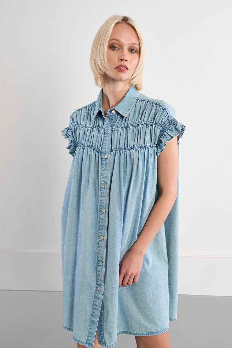 SHIRT DRESS | COTTON CHAMBRAY-Dress-MOLLY BRACKEN-XSMALL-DENIM BLUE-Coriander