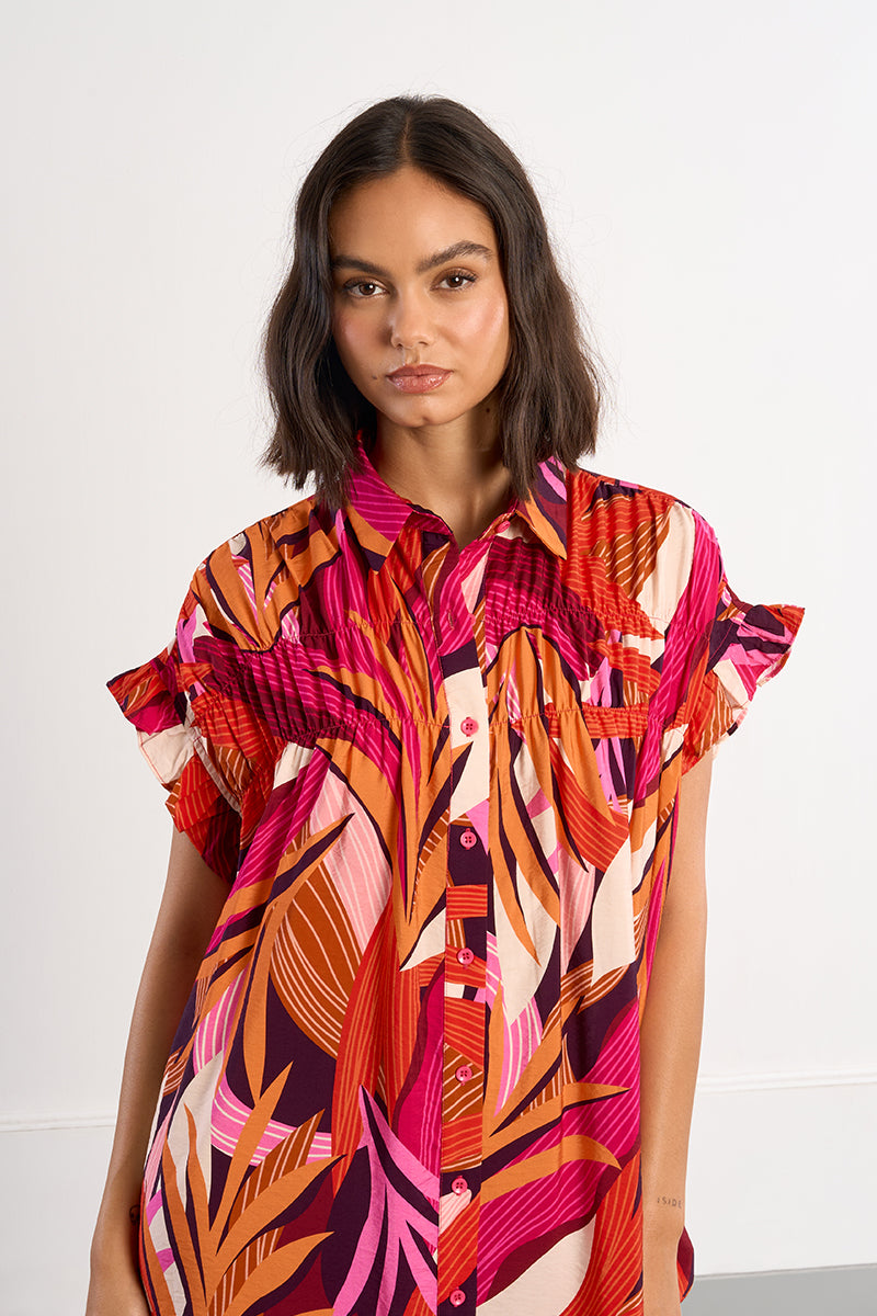 SHIRT DRESS | MARQUISE SMOCKED-Dress-MOLLY BRACKEN-SMALL-MULTICO MARQUISE-Coriander