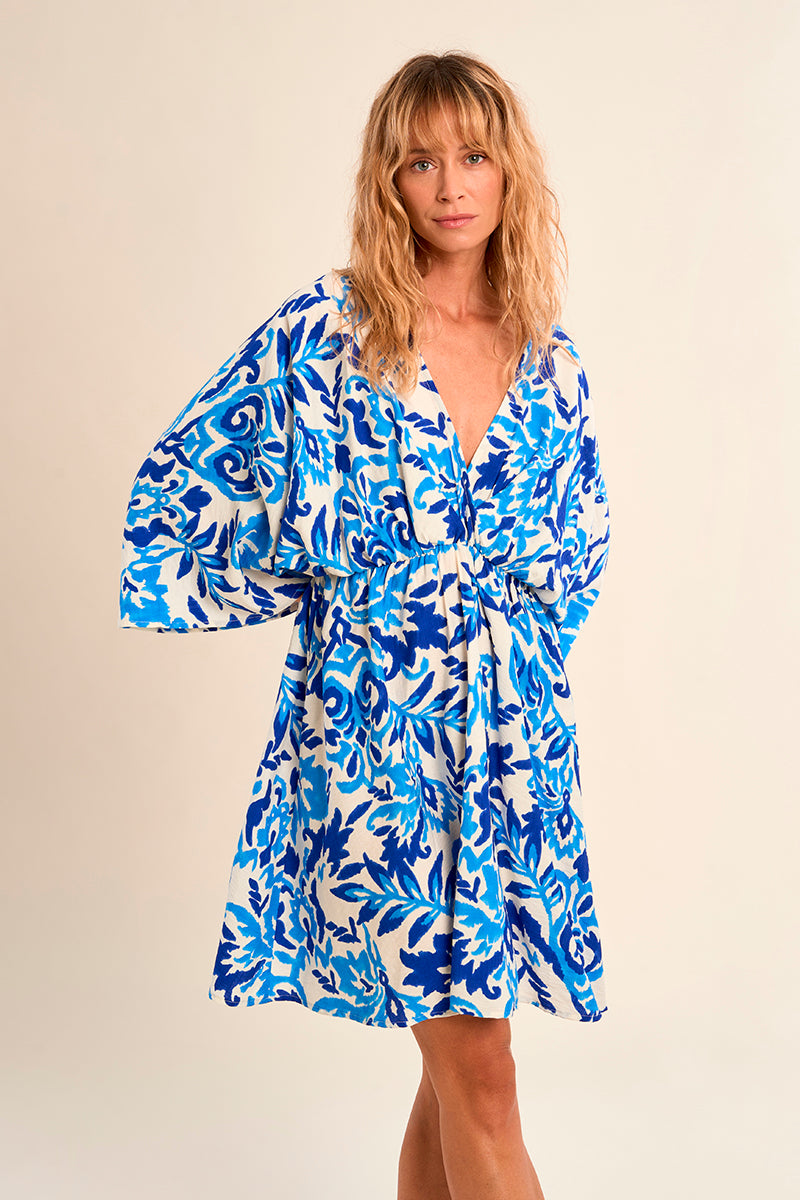 SHORT DRESS | FLARED SLEEVE-Dress-MOLLY BRACKEN-XSMALL-BLUE ALIZEE-Coriander