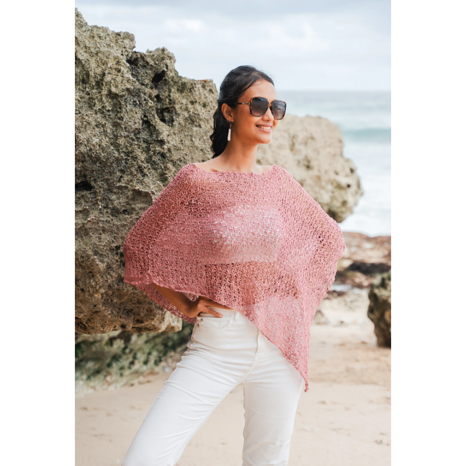 SHORT POPCORN KNIT PONCHO-Uncategorised-SUZIE BLUE-DUSTY PINK-Coriander