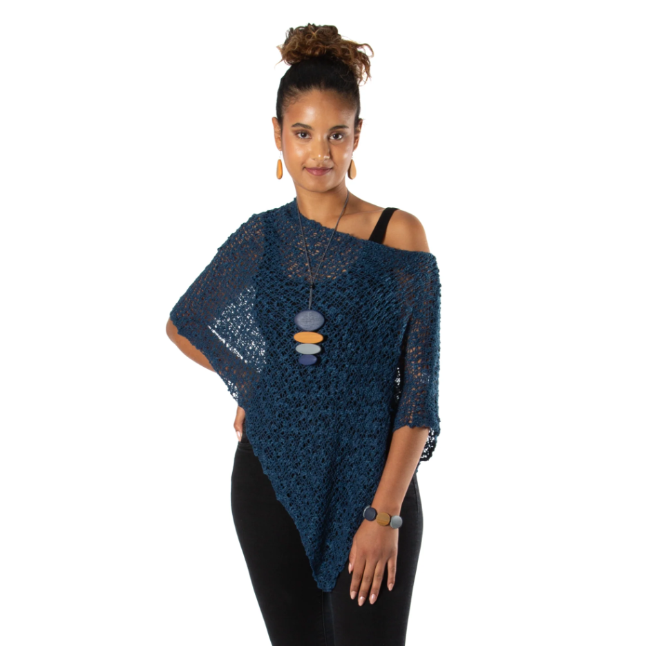 SHORT POPCORN KNIT PONCHO-Uncategorised-SUZIE BLUE-NAVY-Coriander
