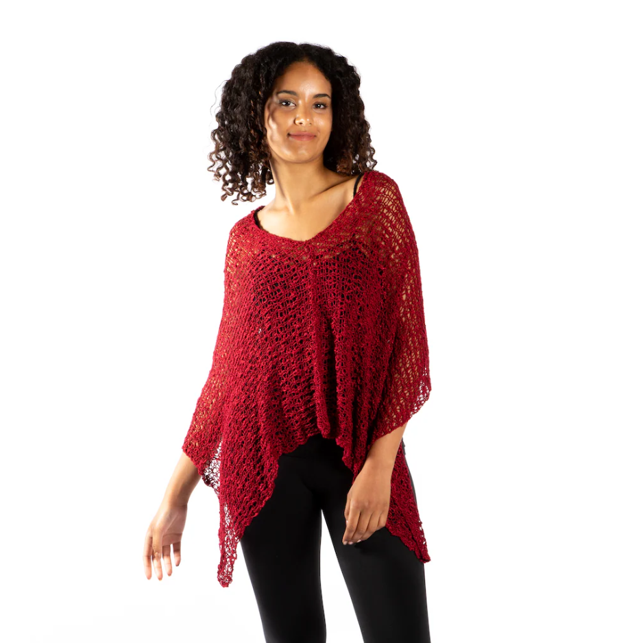SHORT POPCORN KNIT PONCHO-Uncategorised-SUZIE BLUE-RED-Coriander