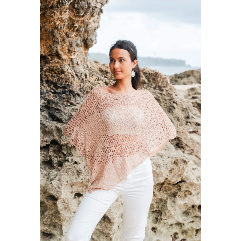 SHORT POPCORN KNIT PONCHO-Uncategorised-SUZIE BLUE-TAUPE-Coriander