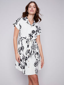 SHORT SLEEVE BUTTONED DRESS-Dresses-CHARLIE B-XSMALL-BLACK-CREAM-Coriander