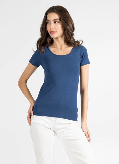 SHORT SLEEVE SCOOP NECK TOP-Tops-CEST MOI-ONE-DENIM BLUE-Coriander