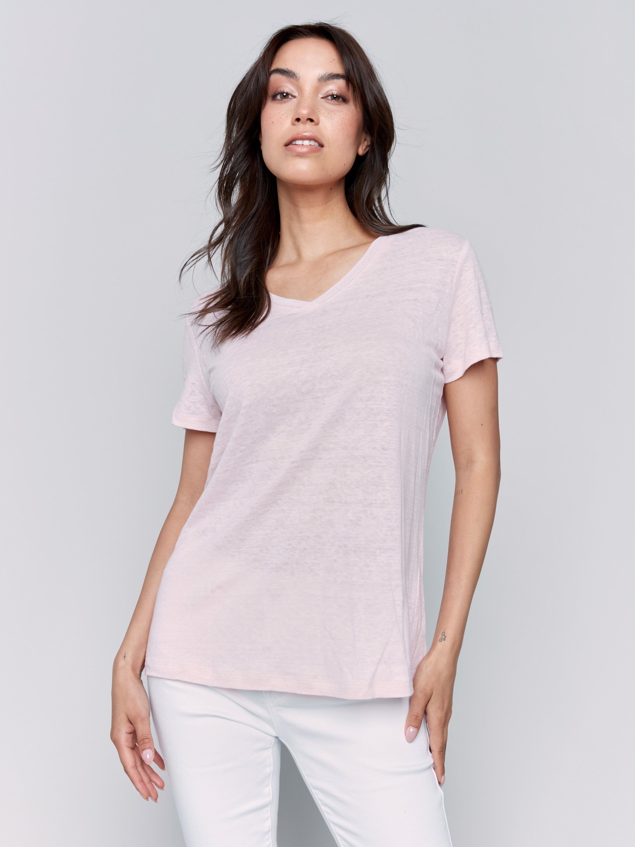 SHORT SLEEVE V-NECK LINEN TEE-Tops-CHARLIE B-Coriander