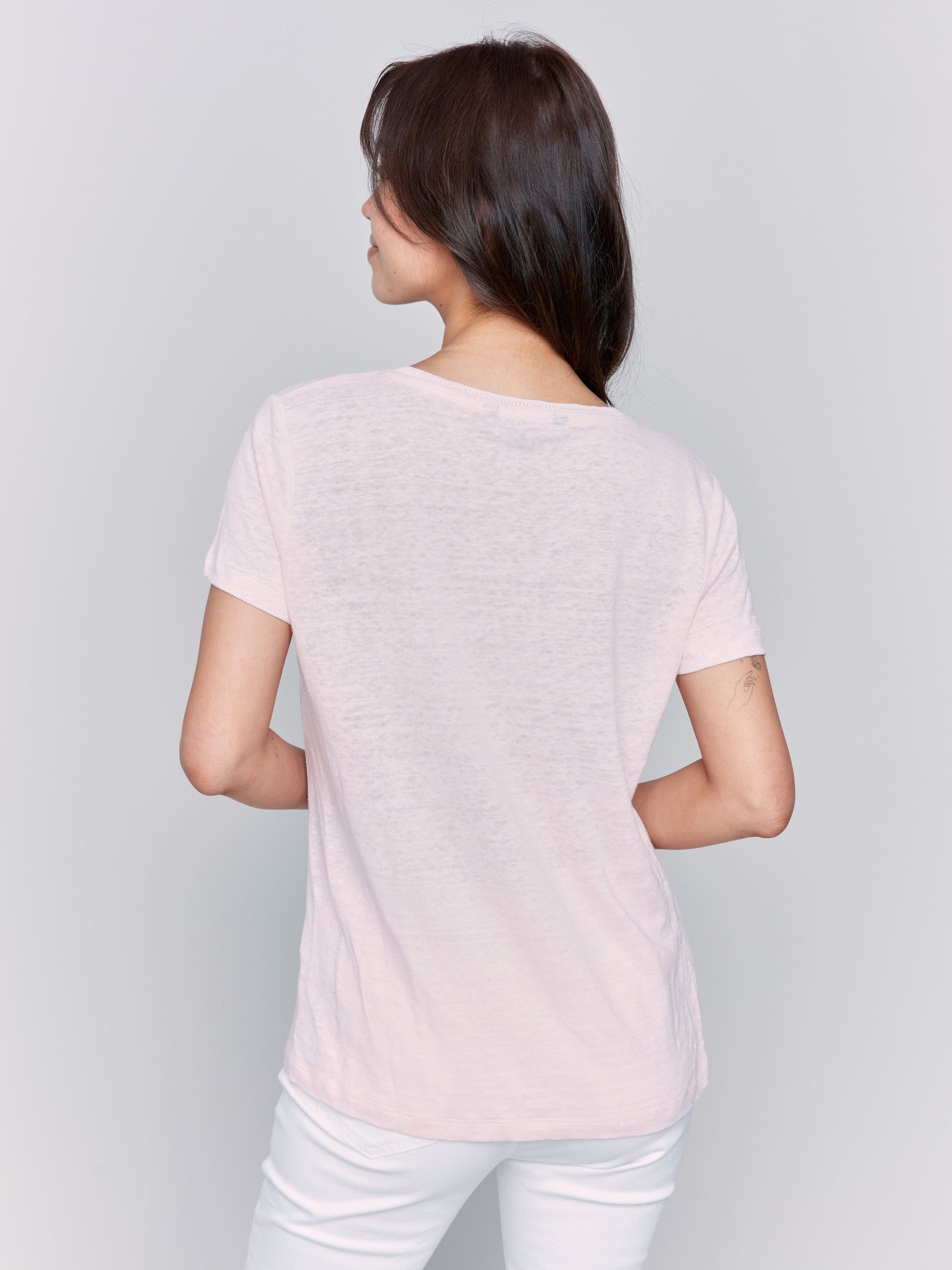 SHORT SLEEVE V-NECK LINEN TEE-Tops-CHARLIE B-Coriander