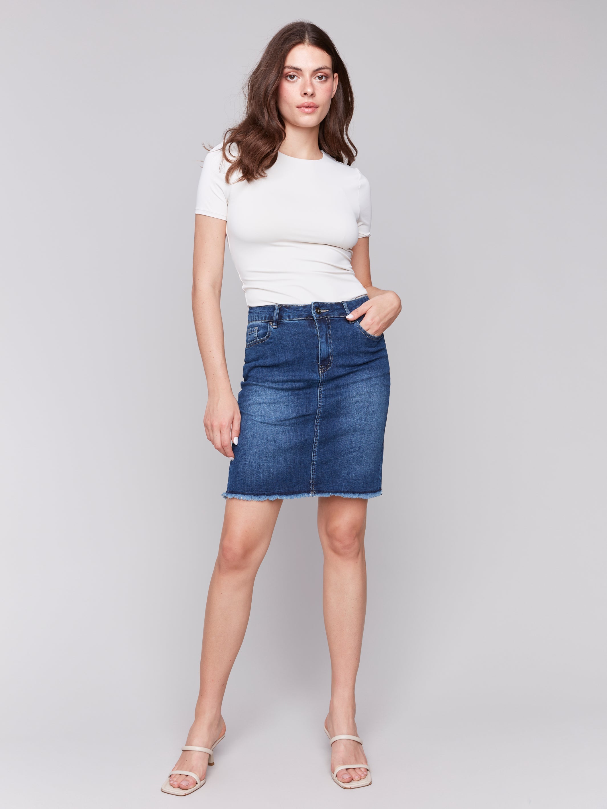 SKORT | STRETCH DENIM W/FRAYED HEM-Bottoms-CHARLIE B-Coriander
