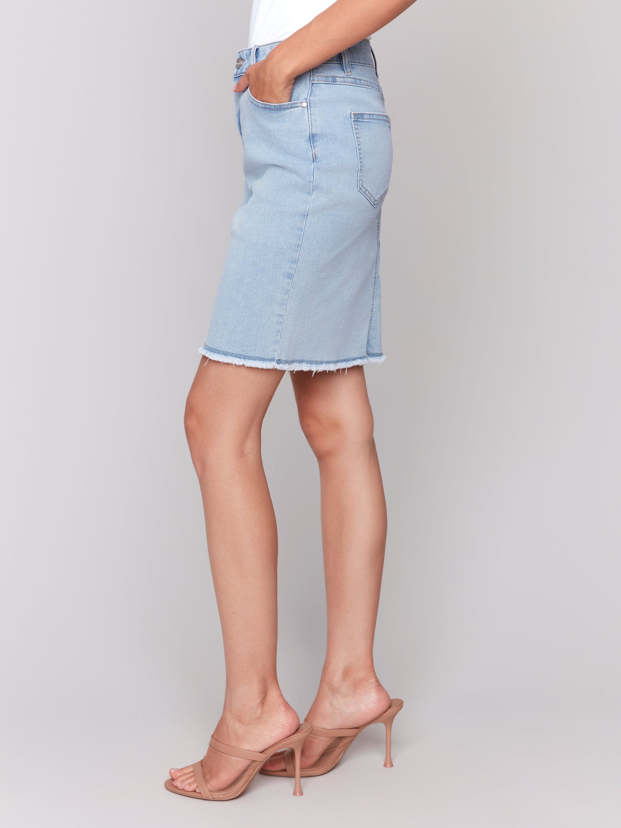 SKORT | STRETCH DENIM W/FRAYED HEM-Bottoms-CHARLIE B-Coriander