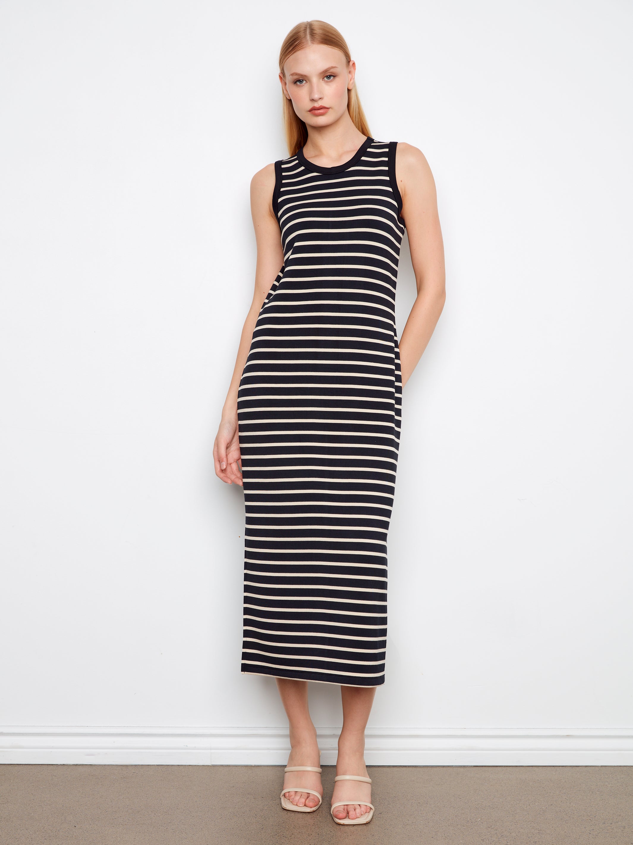 SLEEVELESS DRESS | STRIPED SCUBA-Dress-CHARLIE B-SMALL-Black-Coriander