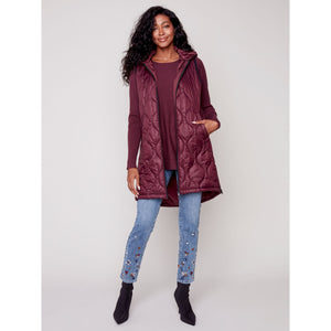 SLEEVELESS HOODED LONG QUILTED VEST-Jackets & Sweaters-CHARLIE B-Coriander