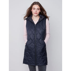 SLEEVELESS HOODED LONG QUILTED VEST-Jackets & Sweaters-CHARLIE B-XSMALL-Black-Coriander