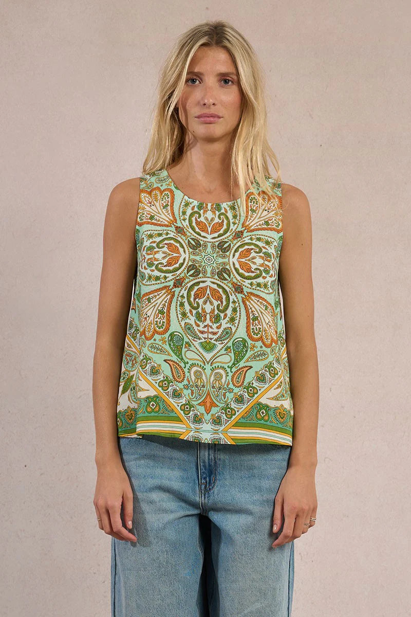 SLEEVELESS TOP | KNOTTED SATIN PRINT-Top-MOLLY BRACKEN-Coriander
