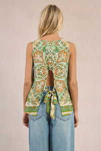 SLEEVELESS TOP | KNOTTED SATIN PRINT-Top-MOLLY BRACKEN-Coriander