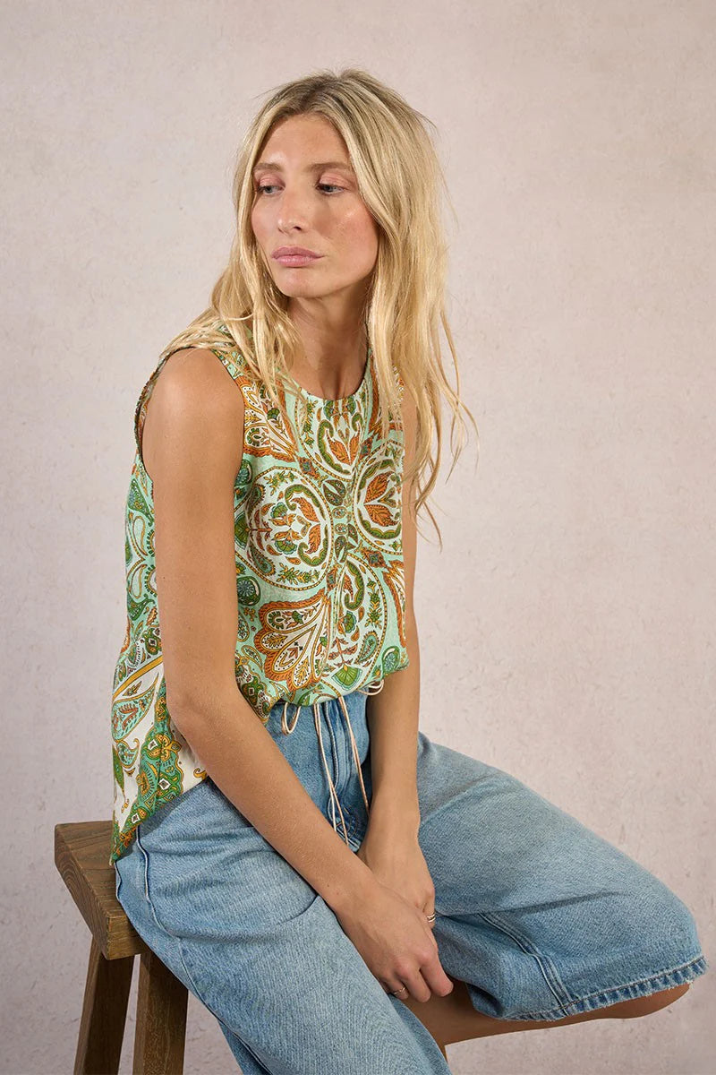 SLEEVELESS TOP | KNOTTED SATIN PRINT-Top-MOLLY BRACKEN-SMALL-GREEN INES-Coriander