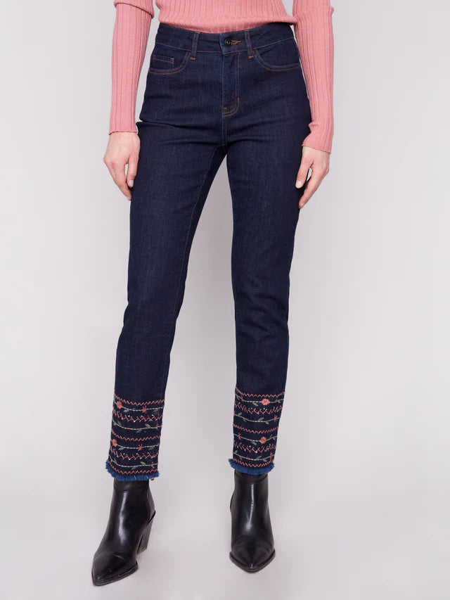 SLIM JEANS | EMBROIDERED HEM-Denim-CHARLIE B-4-DEEP BLUE-Coriander