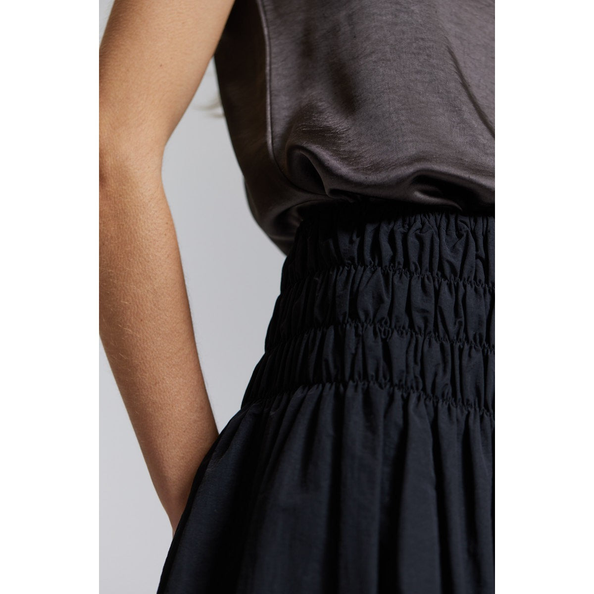 SMOCKED MIDI SKIRT-Bottoms-THERE-ELSEWHERE-SMALL-Black-Coriander