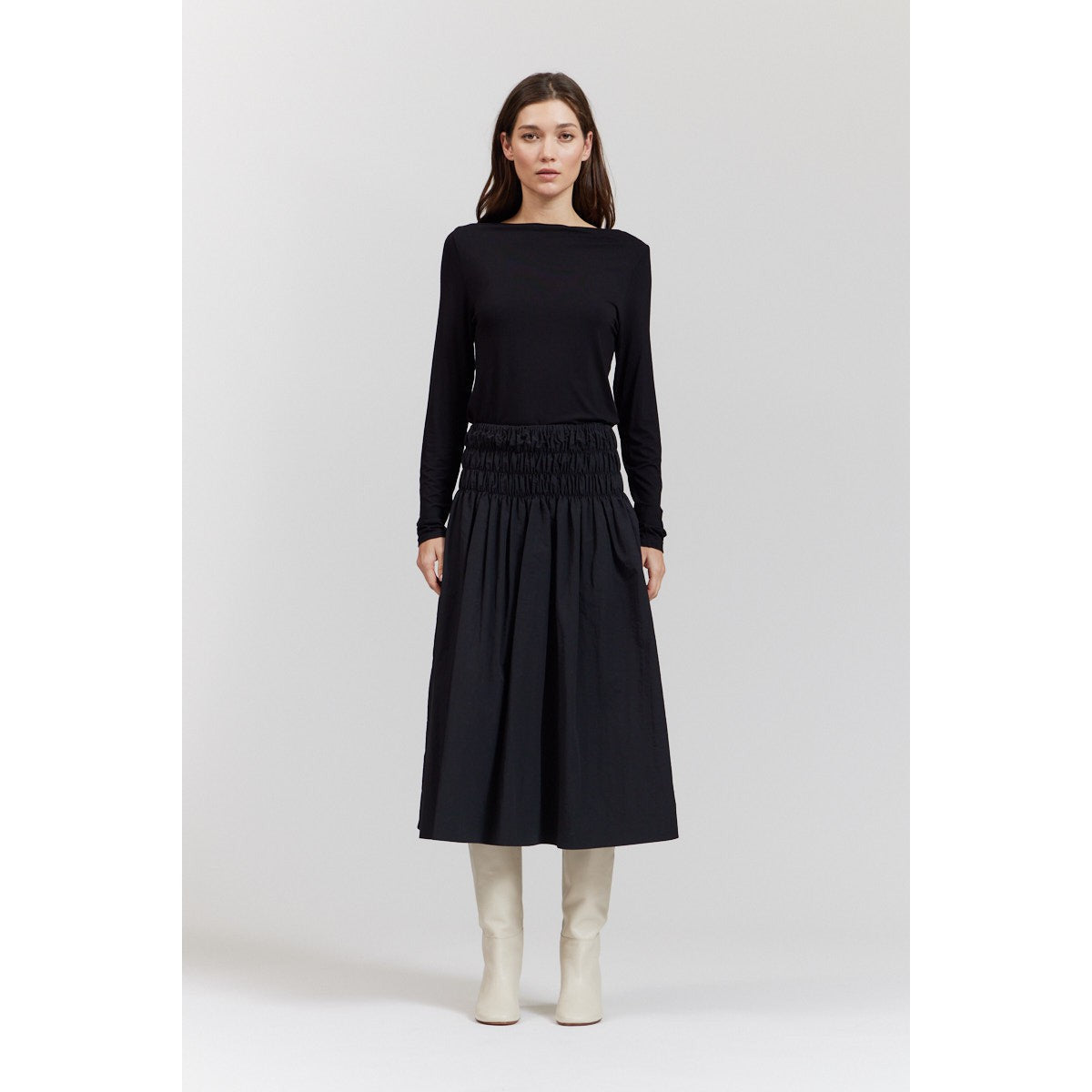 SMOCKED MIDI SKIRT-Bottoms-THERE-ELSEWHERE-SMALL-Black-Coriander