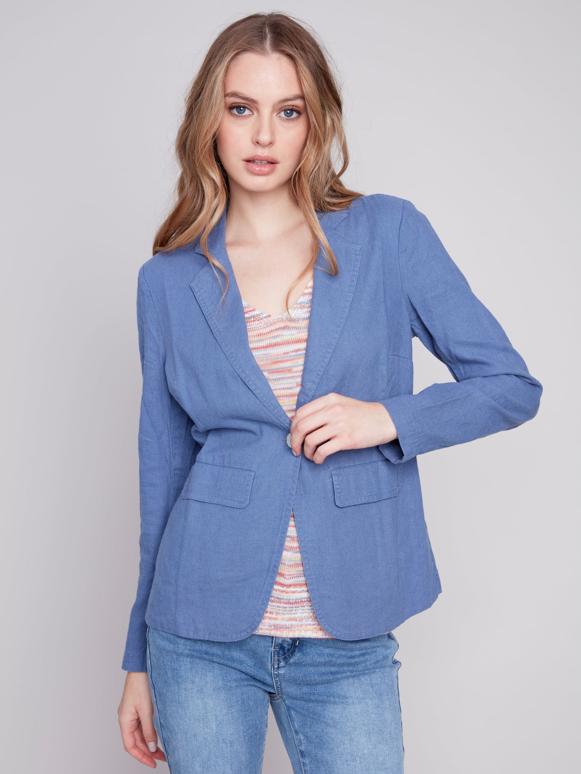 SOLID COLOUR LINEN BLAZER-Jackets & Sweaters-CHARLIE B-SMALL-DENIM-Coriander