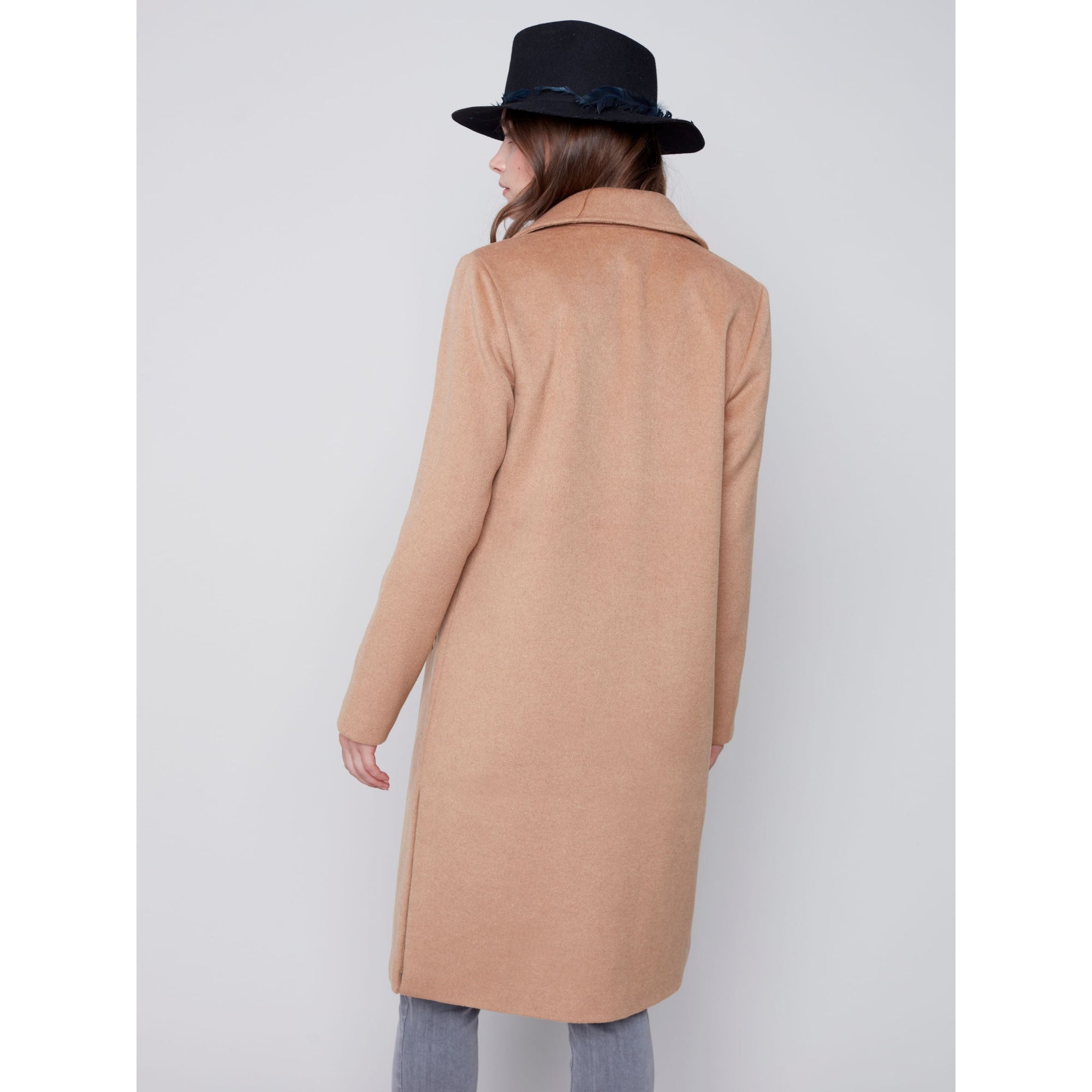 SOLID FAUX WOOL MELTON KNEE LENGTH COAT-Jackets & Sweaters-CHARLIE B-SMALL-TRUFFLE-Coriander