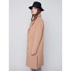 SOLID FAUX WOOL MELTON KNEE LENGTH COAT-Jackets & Sweaters-CHARLIE B-Coriander