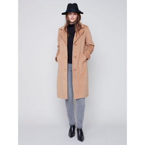 SOLID FAUX WOOL MELTON KNEE LENGTH COAT-Jackets & Sweaters-CHARLIE B-Coriander