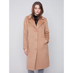 SOLID FAUX WOOL MELTON KNEE LENGTH COAT-Jackets & Sweaters-CHARLIE B-SMALL-TRUFFLE-Coriander
