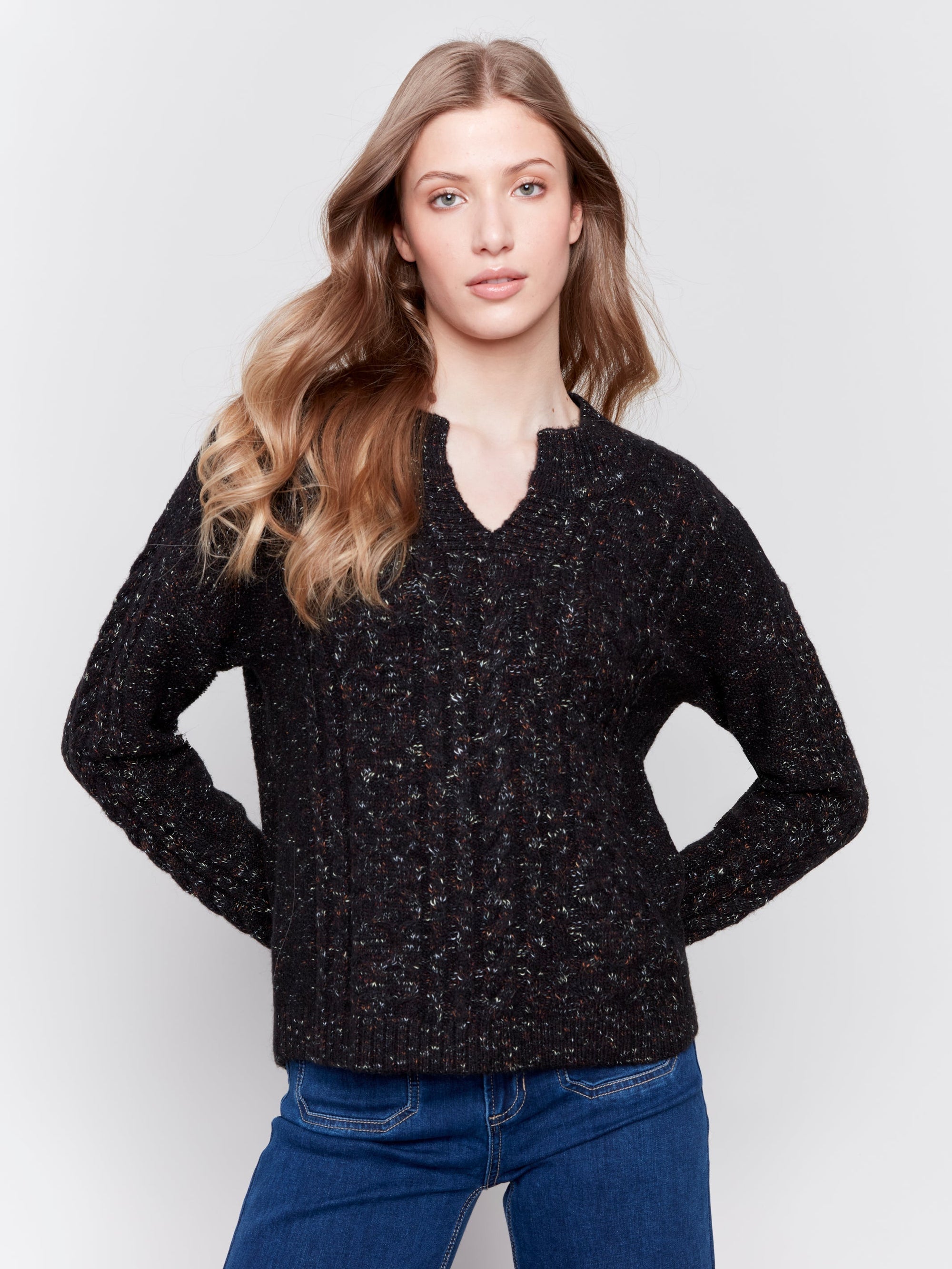 SPECKLED YARN CABLE SWEATER-Jackets & Sweaters-CHARLIE B-SMALL-Black-Coriander