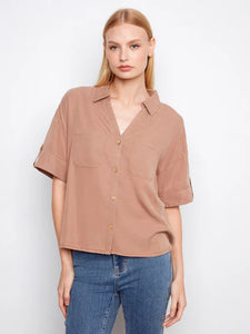 S/S BLOUSE | BUTTON UP-Top-CHARLIE B-XSMALL-DESERT-Coriander