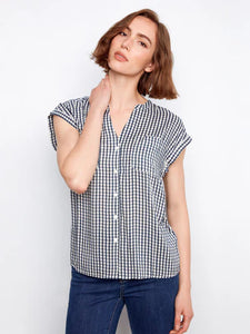 S/S BLOUSE | GINGHAM PRINT-Top-CHARLIE B-XSMALL-NAVY-Coriander