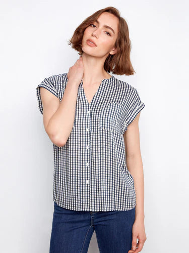 S/S BLOUSE | GINGHAM PRINT-Top-CHARLIE B-XSMALL-NAVY-Coriander