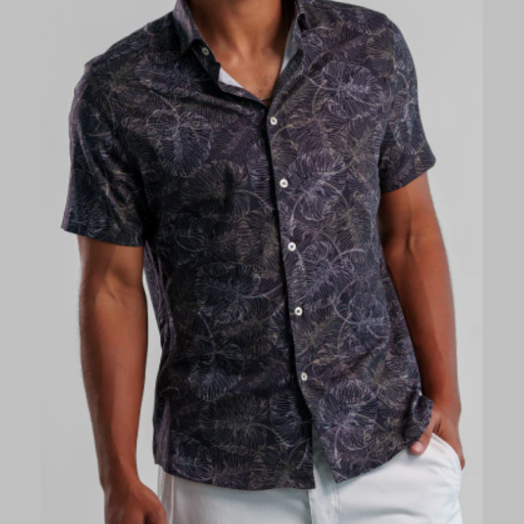 S/S BUTTON UP SHIRT | JUNGLE MONSTERA-Shirt-STONE ROSE-MEDIUM-Black-Coriander