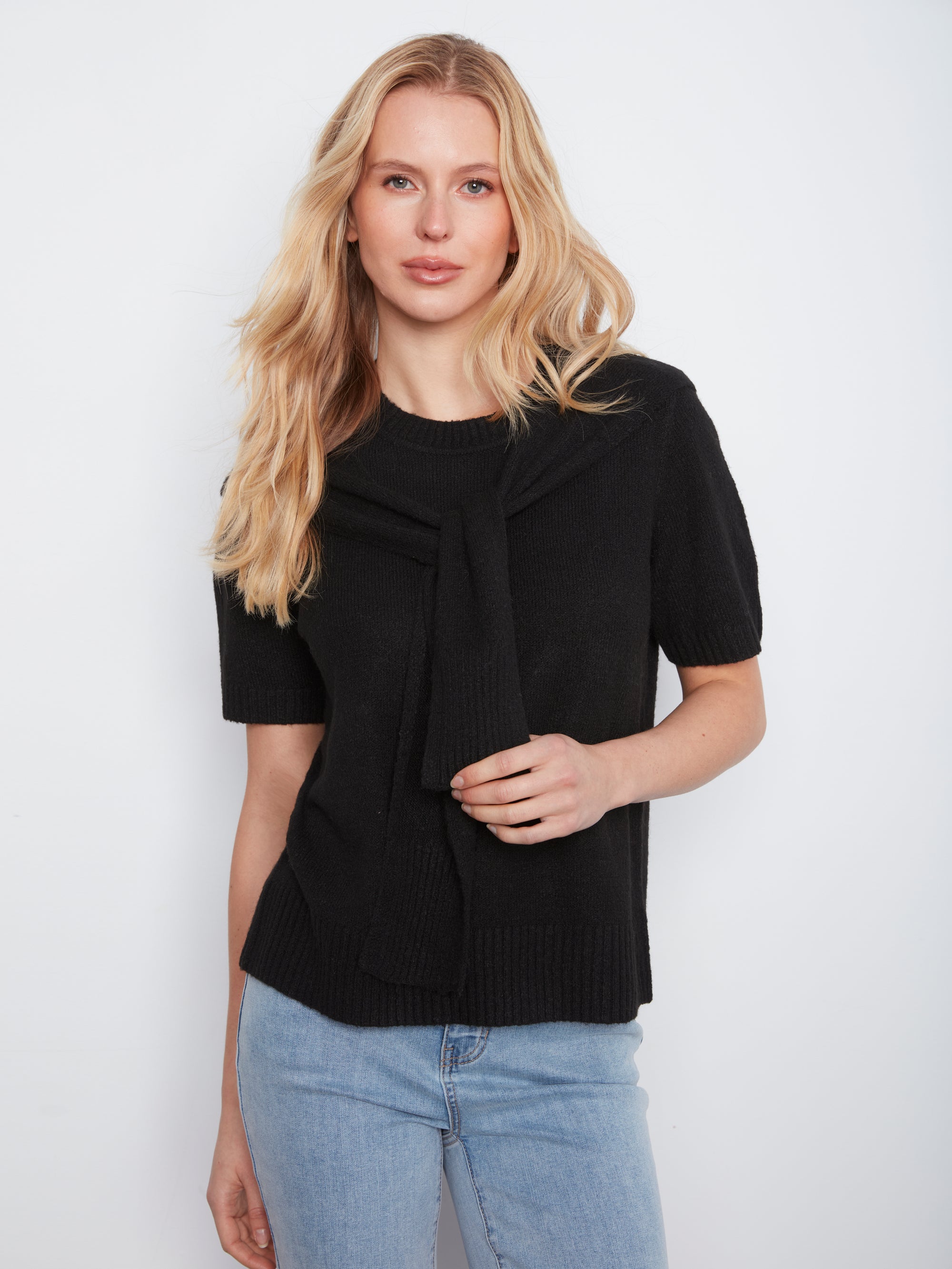 S/S PULLOVER SWEATER | KNOTTED SLEEVES-Jackets & Sweaters-CHARLIE B-XSMALL-BLACK-Coriander