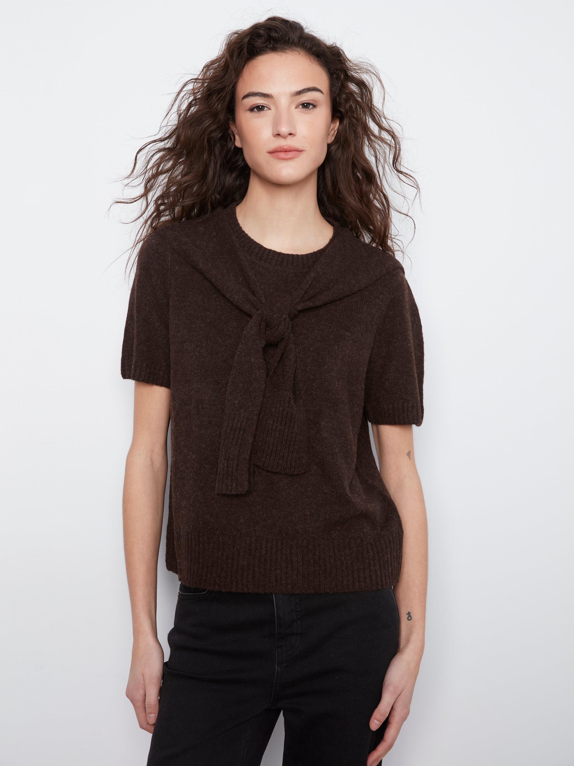 S/S PULLOVER SWEATER | KNOTTED SLEEVES-Jackets & Sweaters-CHARLIE B-XSMALL-COFFEE-Coriander