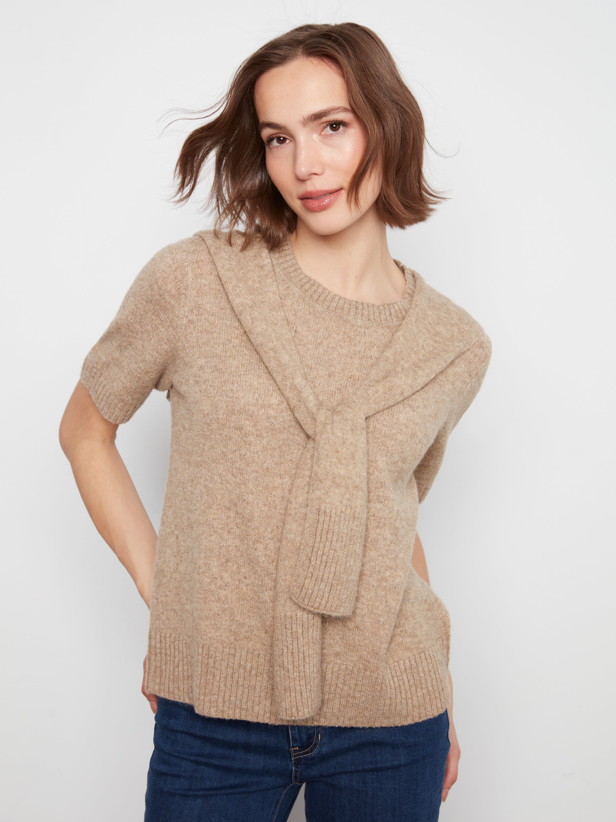 S/S PULLOVER SWEATER | KNOTTED SLEEVES-Jackets & Sweaters-CHARLIE B-XSMALL-TRUFFLE-Coriander