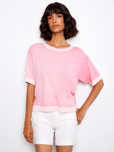 S/S PULLOVER SWEATER | REVERSE PRINT CREW NECK-Jackets & Sweaters-CHARLIE B-SMALL-CANDY-Coriander