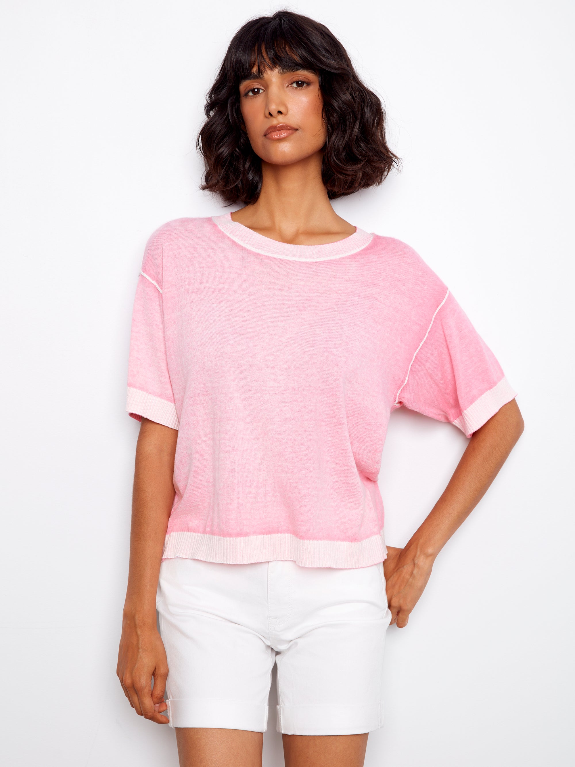S/S PULLOVER SWEATER | REVERSE PRINT CREW NECK-Jackets & Sweaters-CHARLIE B-SMALL-CANDY-Coriander