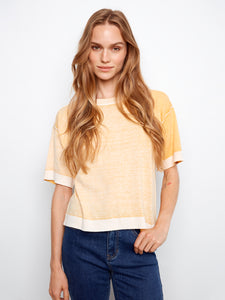 S/S PULLOVER SWEATER | REVERSE PRINT CREW NECK-Jackets & Sweaters-CHARLIE B-SMALL-SUNSHINE-Coriander