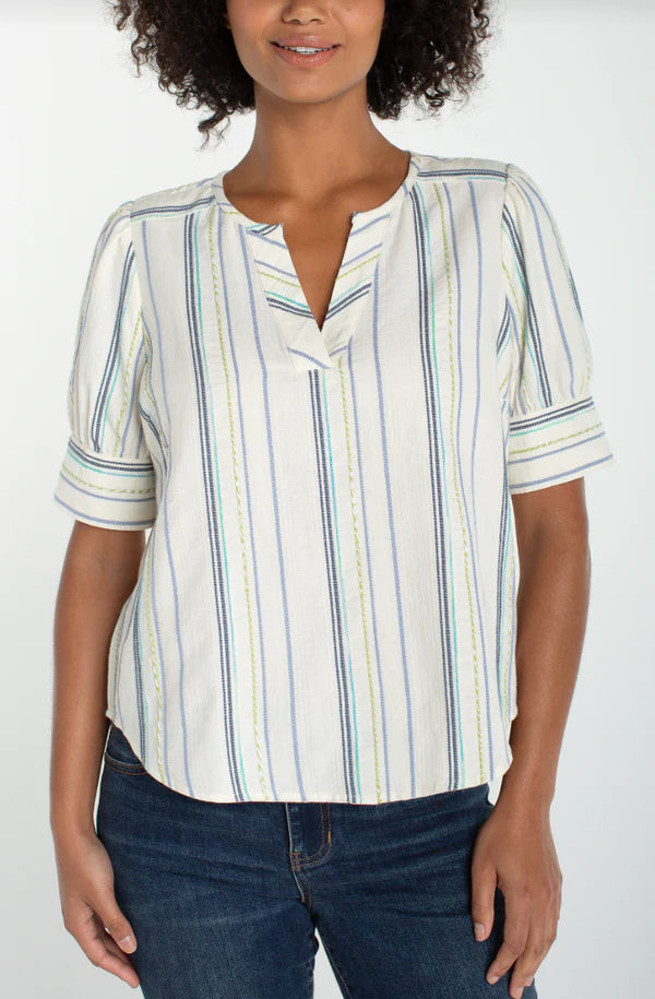 S/S TOP| POPOVER-Top-LIVERPOOL-SMALL-CREAM BLU-MULTI STRP-Coriander