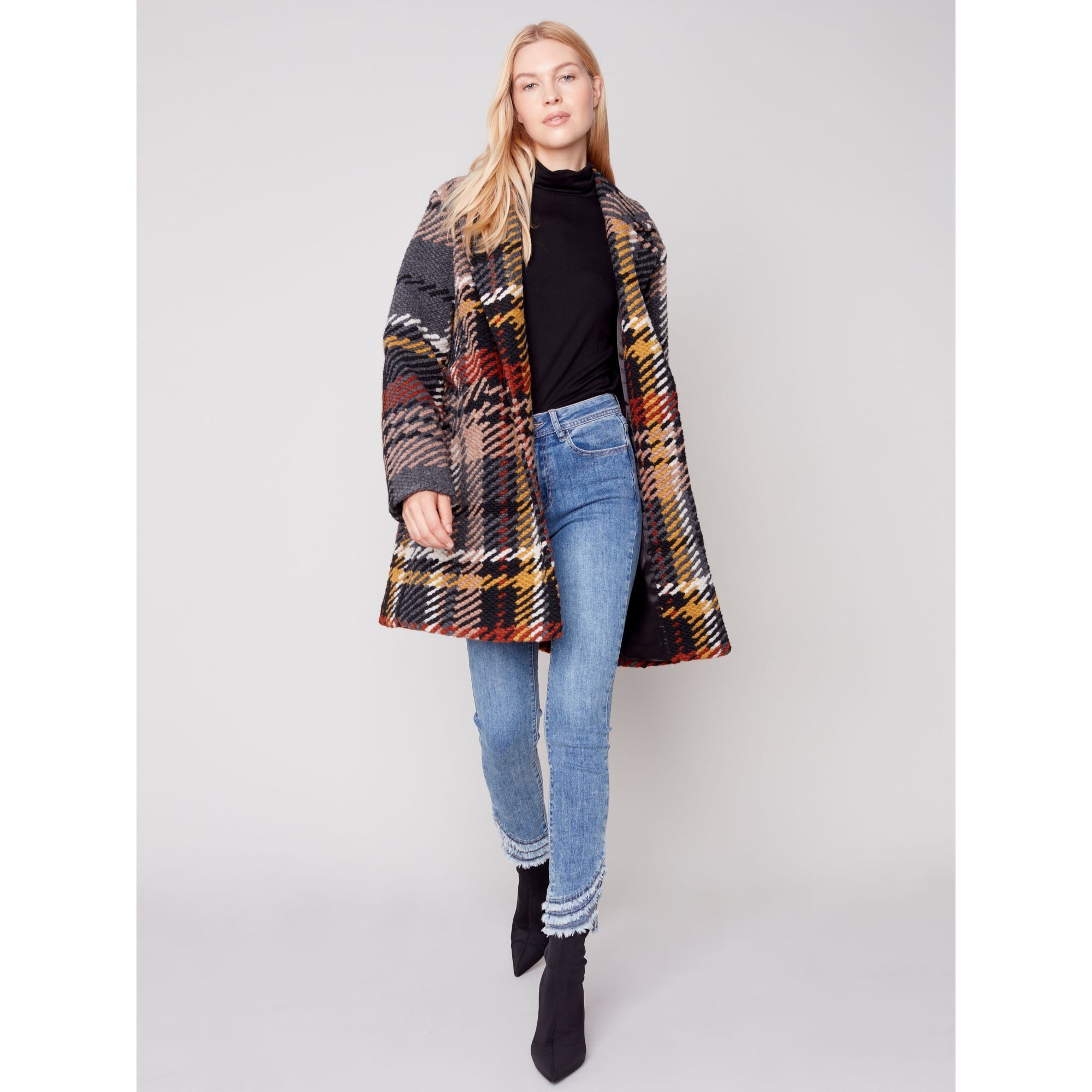 STRAIGHT CUT PLAID COAT - GOLD-Jackets & Sweaters-CHARLIE B-SMALL-GOLD-Coriander