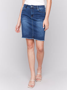 STRETCH DENIM SKORT W/FRAYED HEM-Bottoms-CHARLIE B-2-INDIGO-Coriander