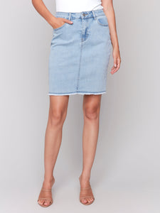 STRETCH DENIM SKORT W/FRAYED HEM-Bottoms-CHARLIE B-2-LIGHT BLUE-Coriander