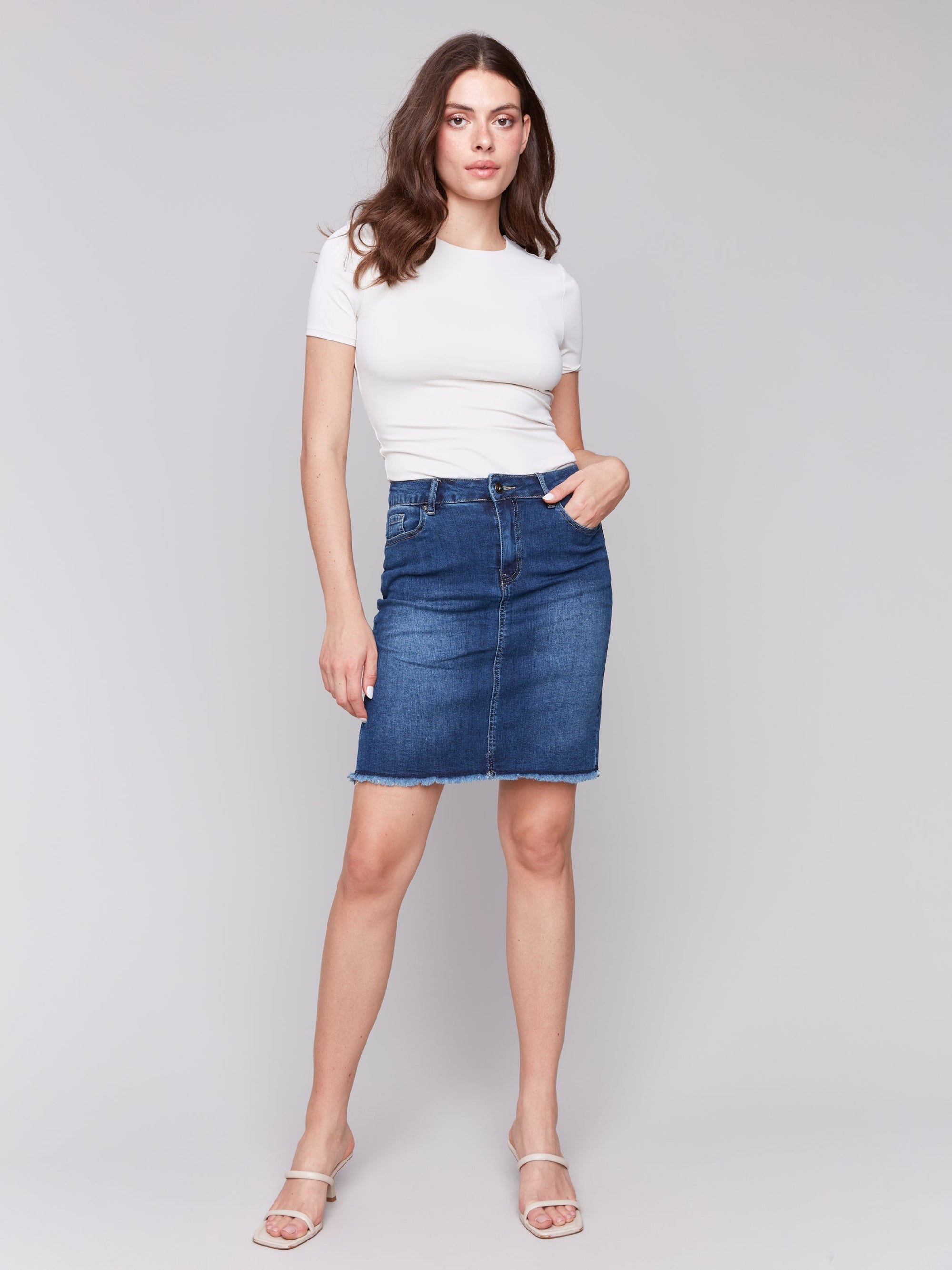 STRETCH DENIM SKORT W/FRAYED HEM-Bottoms-CHARLIE B-Coriander