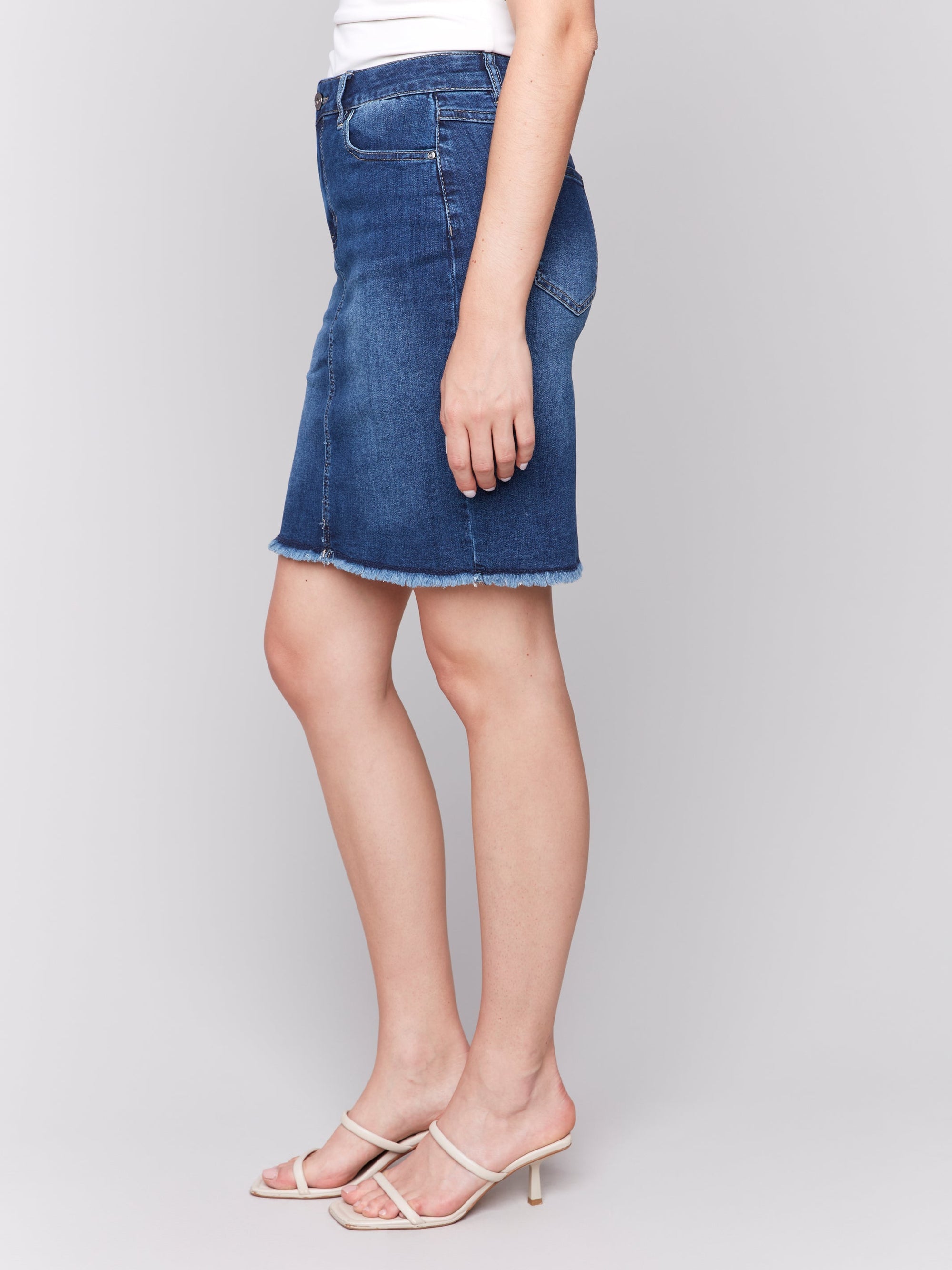 STRETCH DENIM SKORT W/FRAYED HEM-Bottoms-CHARLIE B-Coriander