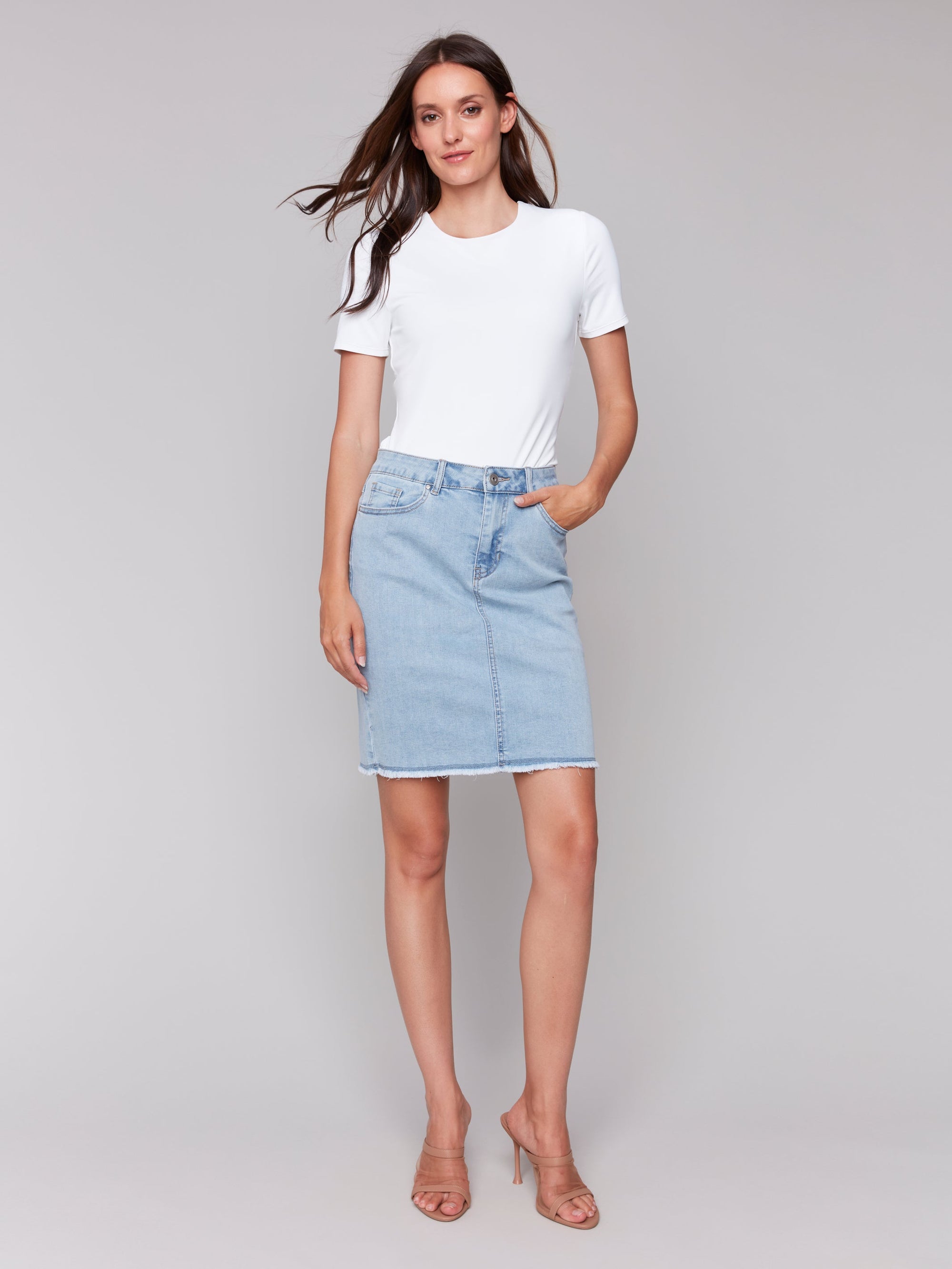 STRETCH DENIM SKORT W/FRAYED HEM-Bottoms-CHARLIE B-Coriander