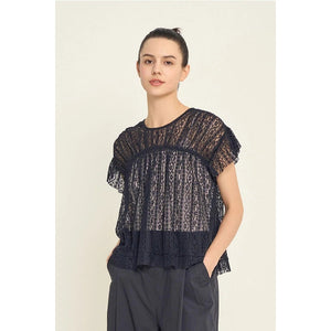 STRETCH LACE RUFFLE BLOUSE-Tops-GRADE AND GATHER-SMALL-Black-Coriander