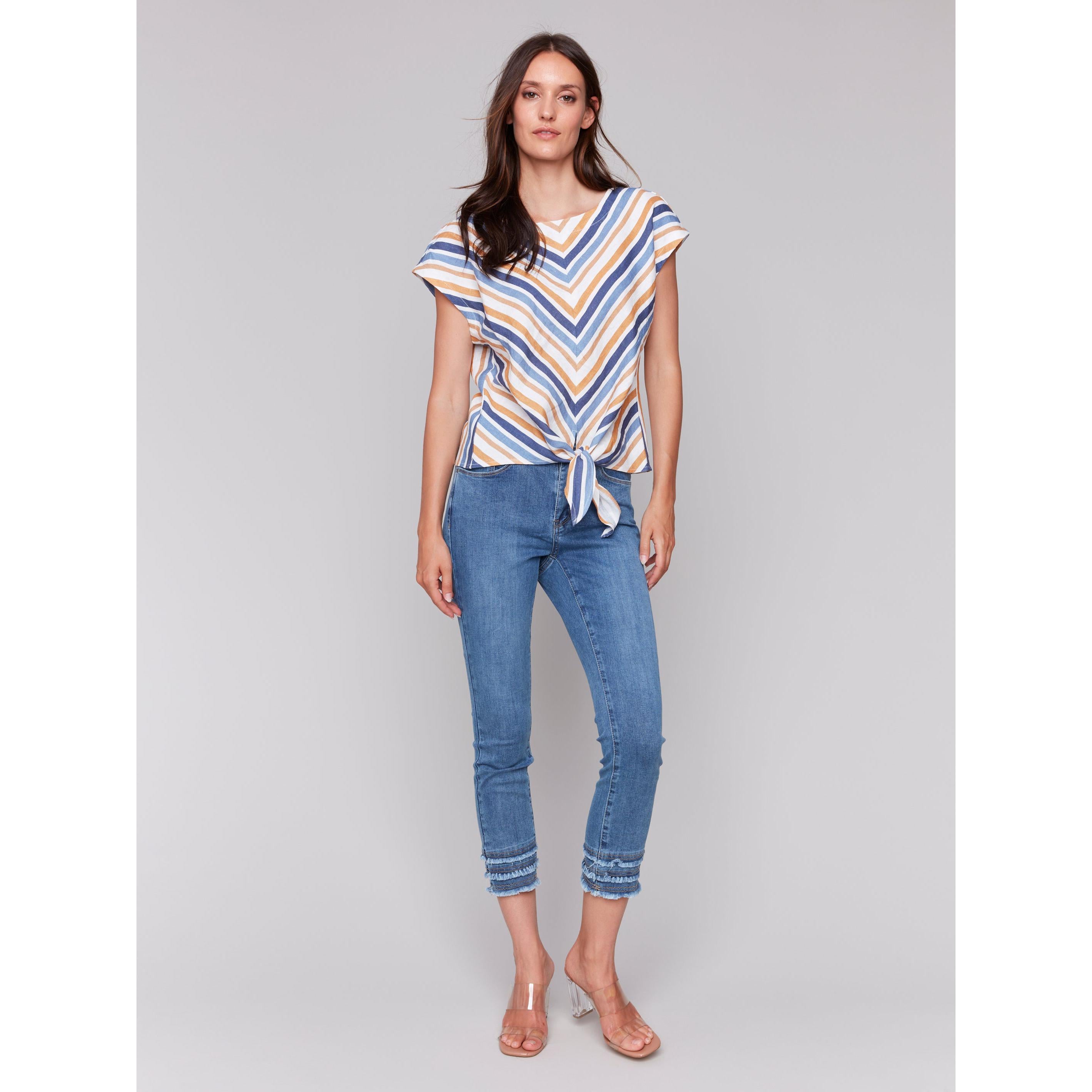 STRIPED CAP SLEEVE FRONT TIE TOP-Tops-CHARLIE B-Coriander