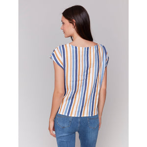 STRIPED CAP SLEEVE FRONT TIE TOP-Tops-CHARLIE B-Coriander