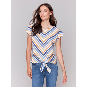 STRIPED CAP SLEEVE FRONT TIE TOP-Tops-CHARLIE B-SMALL-DENIM-Coriander