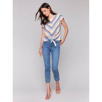 STRIPED CAP SLEEVE FRONT TIE TOP-Tops-CHARLIE B-Coriander